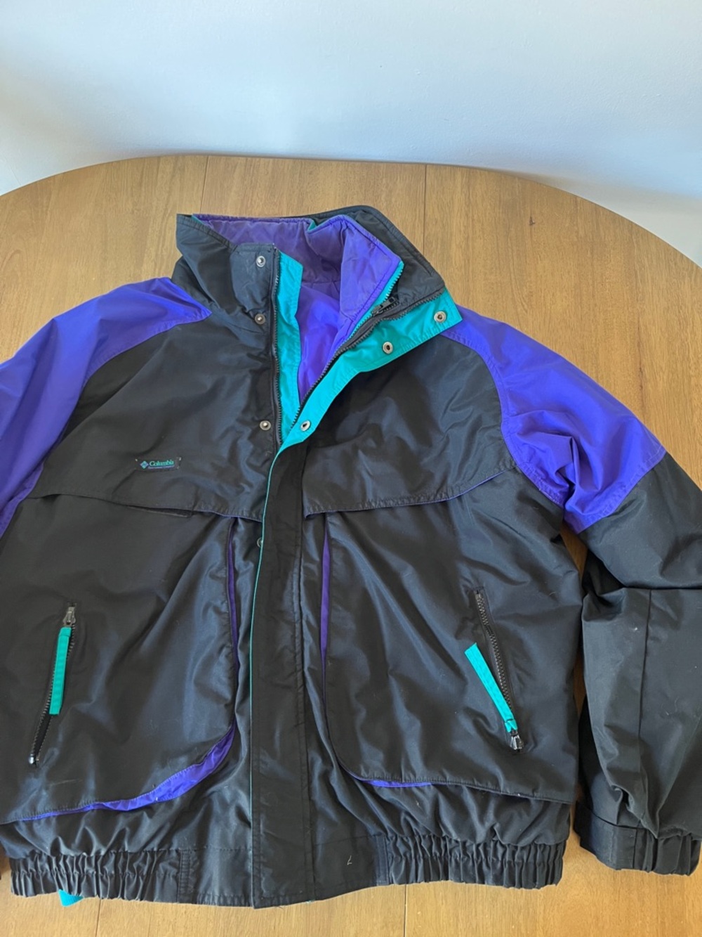 Mens, Columbia VINTAGE powder keg ski jacket and shell, black purple teal, XL